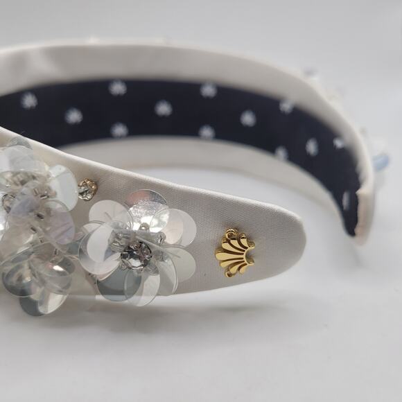 Lele Sadoughi Headband Brigitte Paillette Floral Crystal Wide Dove White NEW main image 9